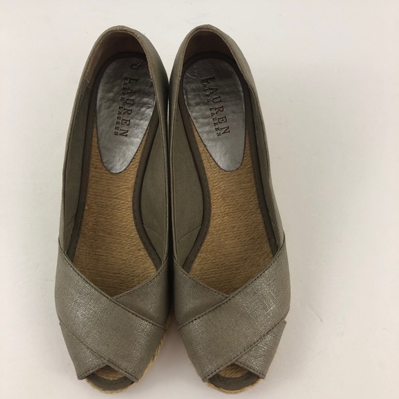 Lauren Ralph Lauren Shoes Womens 9 Cecilia Taupe Linen Wedge Peep Toe Metallic - Picture 1 of 13
